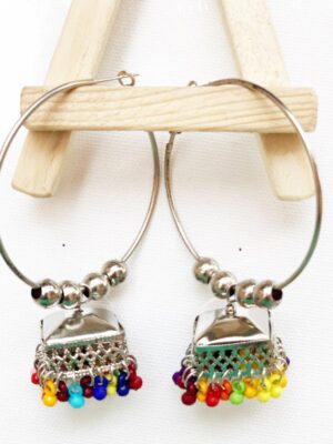 Silver jhumki hoop bali with multi-color beads