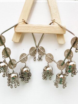 Oxidized silver-plated silver beaded handcrafted dome shaped jhumkas with square hoops bali