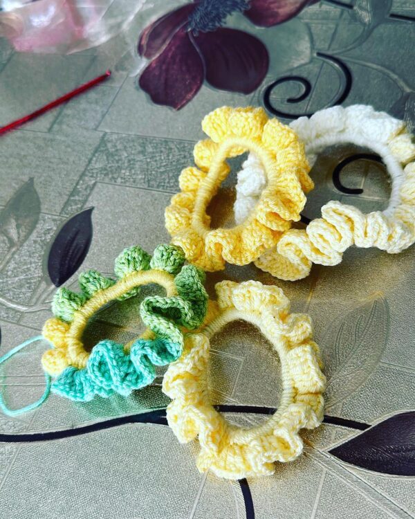 Yellow Green Handmade Crochet Scrunchies for Women and Girls.